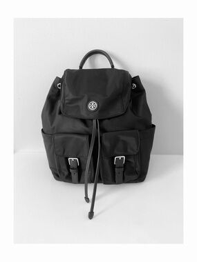 Tory Burch Virginia Drawstring Nylon Flap Backpack - Black